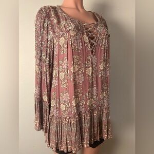 American Eagle Blouse Top Tunic Peasant Floral Boho Bell Sleeves Size Large